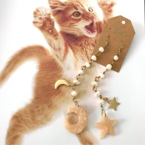 Hand crafted celestial long dangle real pearls sparkly clay earring OOAK artisan